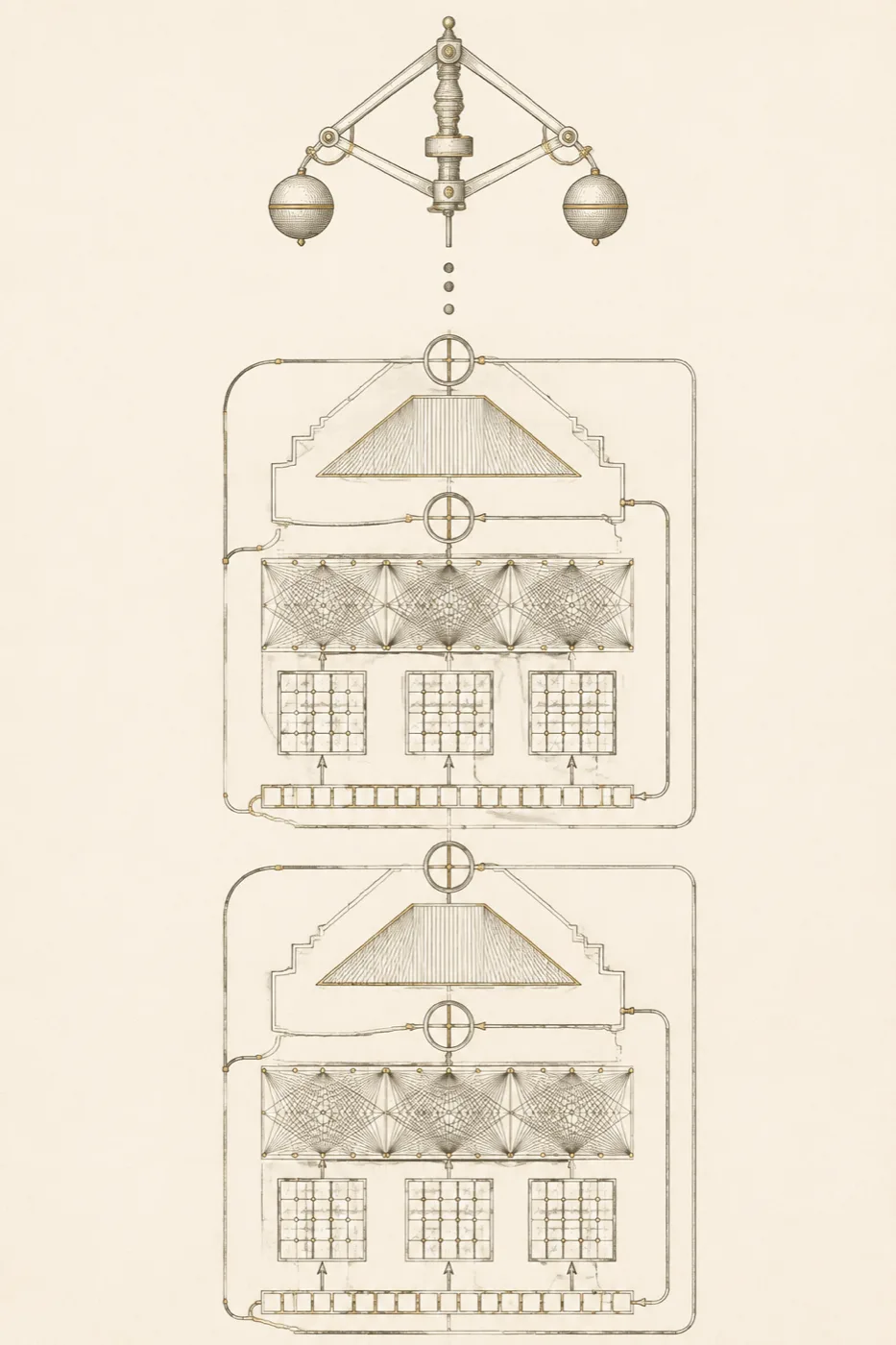 A tall engraved plate of two stacked transformer blocks drawn in cutaway. In each: a row of token cells at the base, three arrows rising into query, key and value matrices, a band of woven attention heads above them, an add-and-norm circle, a feed-forward trapezoid, a second add-and-norm circle, and residual lines bracketing each sub-layer. Three dots mark the stack continuing; a centrifugal flyball governor is mounted at the very top, its rod running down toward the stack.