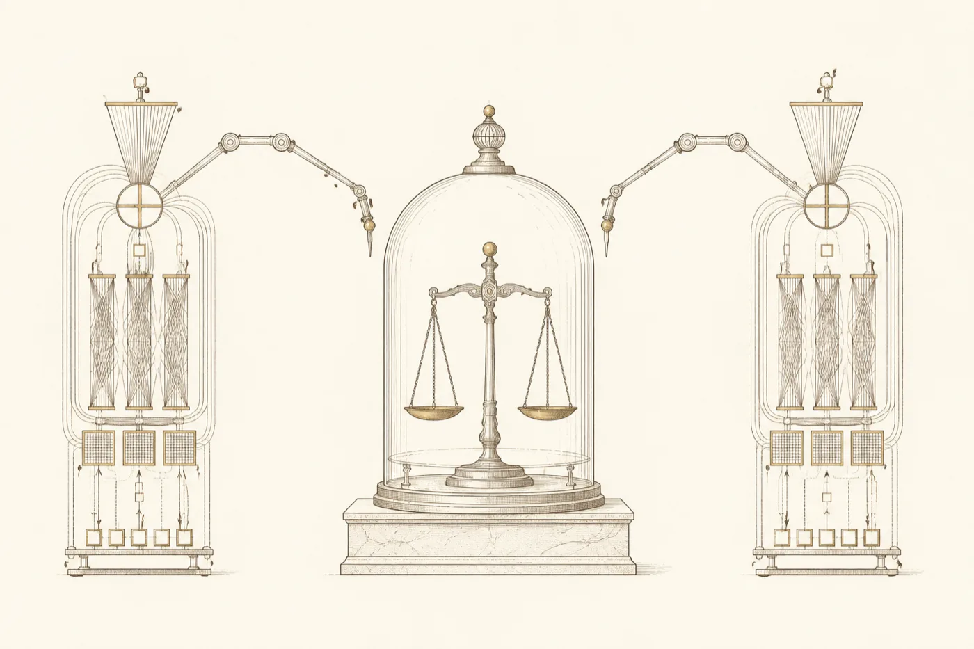 An engraved balance scale standing inside a sealed glass bell jar on a stone plinth. Flanking it, two transformer stacks drawn in cutaway — token cells, query, key and value matrices, woven attention heads, an add-and-norm circle, a feed-forward cone, residual lines arcing around each sub-layer. From the top of each stack a jointed arm reaches toward the jar and stops short of the glass.