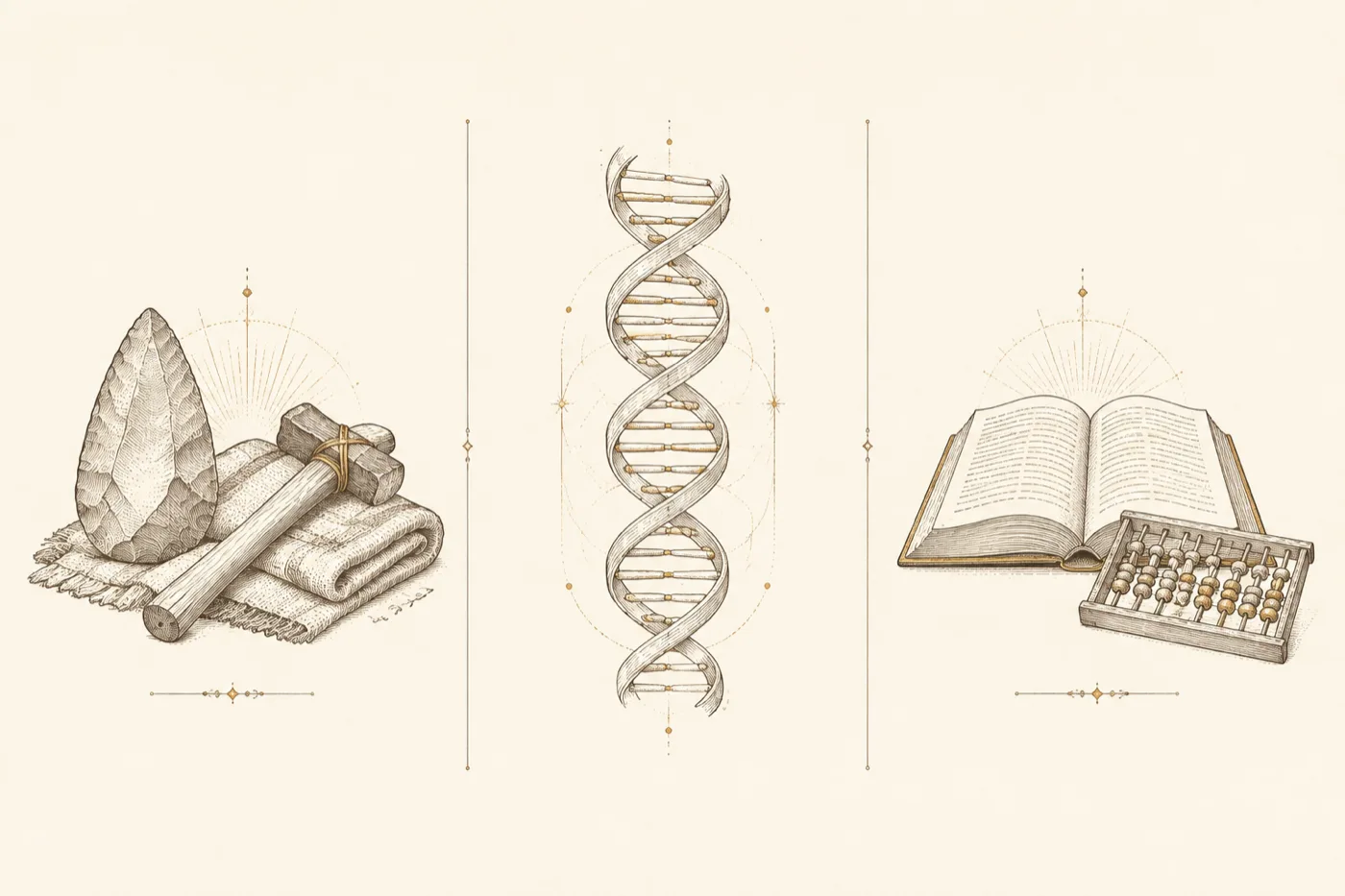 Three engraved vignettes side by side, divided by hairlines: a flint hand-axe with a folded cloak and a hammer; a DNA double helix; an open book beside an abacus.